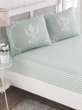 Set de pat dublu (cearceaf cu elastic si perne) 3 piese, Pure - Mint, EnLora Home, 65% bumbac/35% poliester