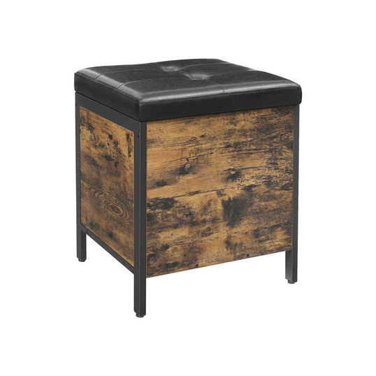 Taburet cu spatiu pentru depozitare, Vasagle, Industrial Style, 40x40x50 cm, PAL/piele ecologica, maro/negru