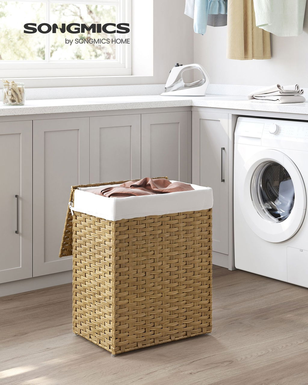 Cos de rufe, Songmics, 46x33x60 cm, 90 L, ratan sintetic/fier/bumbac, maro