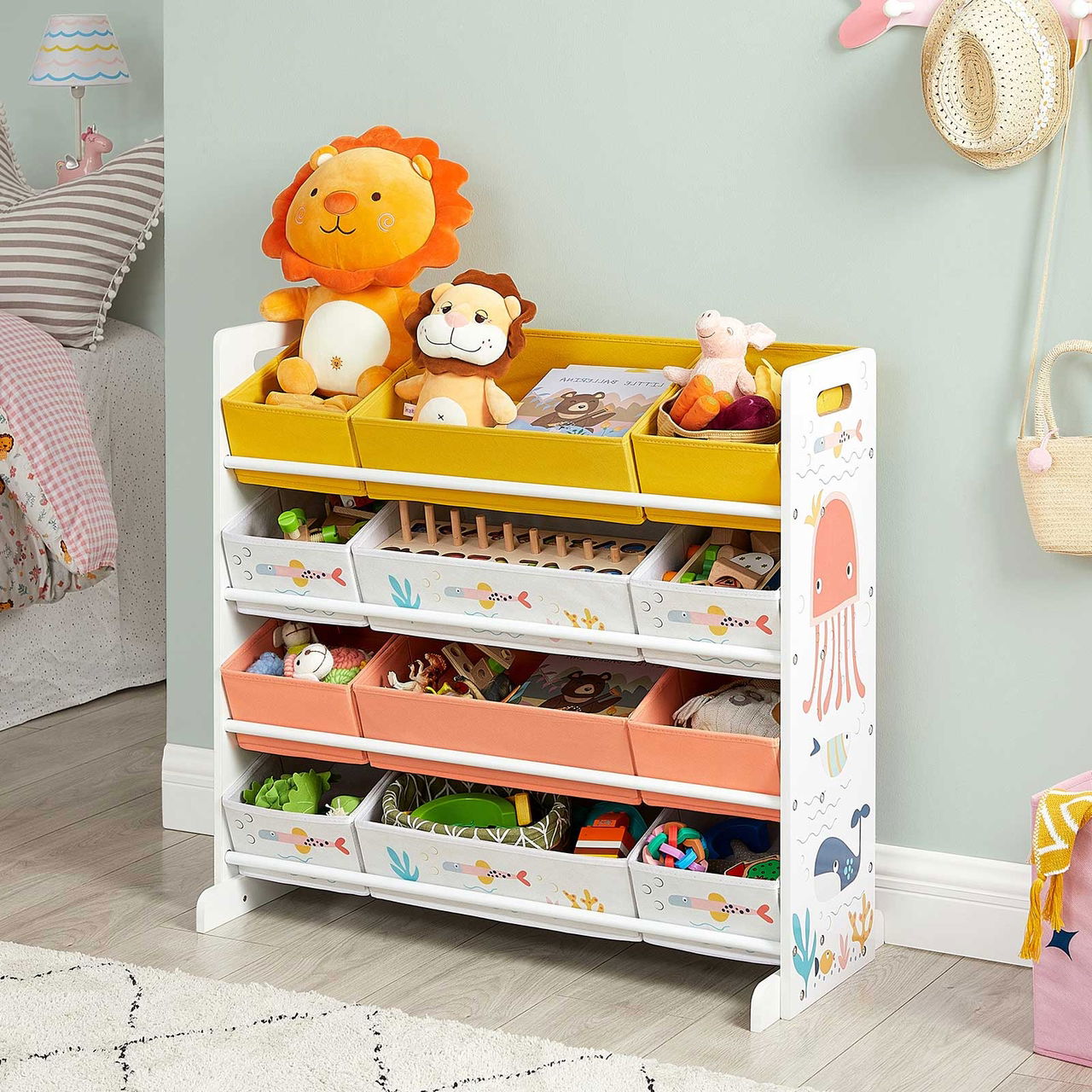 Organizator jucarii / mobilier camera copilului, Songmics, cu 12 cutii textile, 83x38x78 cm, MDF, multicolor