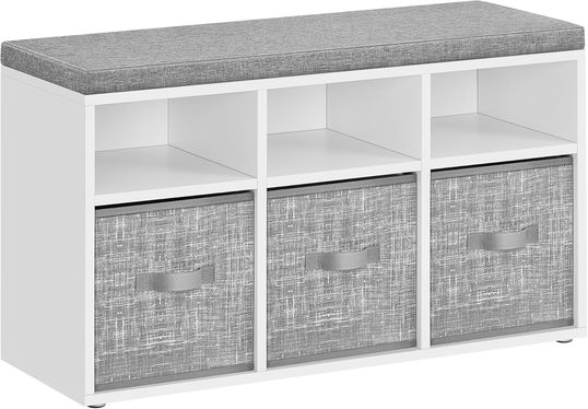 Bancheta cu 6 compartimente si 3 cutii textile, Vasagle, 87x30.3x48 cm, PAL/tesatura Oxford, alb