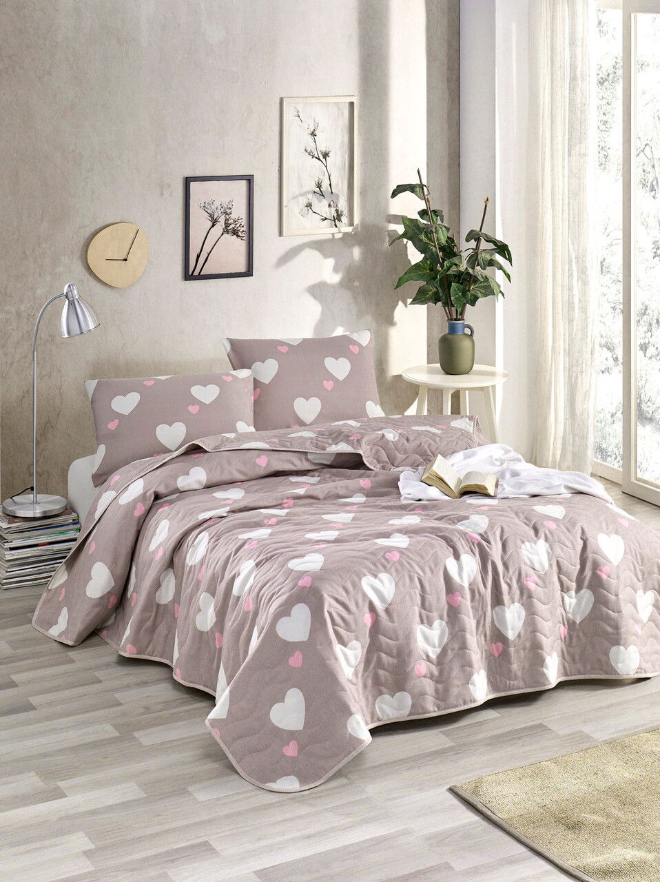 Set cuvertura de pat dubla 3 piese, Herz - Dusty Rose, Eponj Home, 65% bumbac/35% poliester