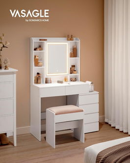 Masa de toaleta cu oglinda cu LED-uri / masuta dressing, Vasagle, 97.5x40x145 cm, PAL, alb