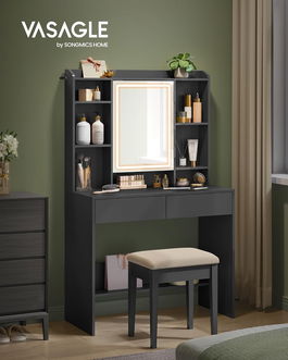 Masa de toaleta cu oglinda cu LED-uri ajustabile/ masuta dressing, Vasagle, 90x40x144.7 cm, PAL/MDF, negru
