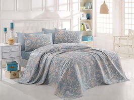 Set cuvertura pique dubla 3 piese, Tuval - Blue, EnLora Home, Bumbac