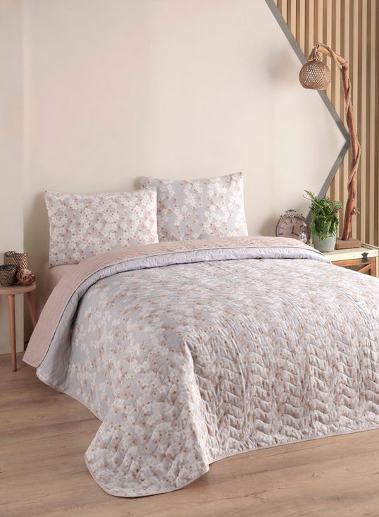 Cuvertura matlasata dubla, Piti Yaprak - Rose, EnLora Home, 65% bumbac/35% poliester