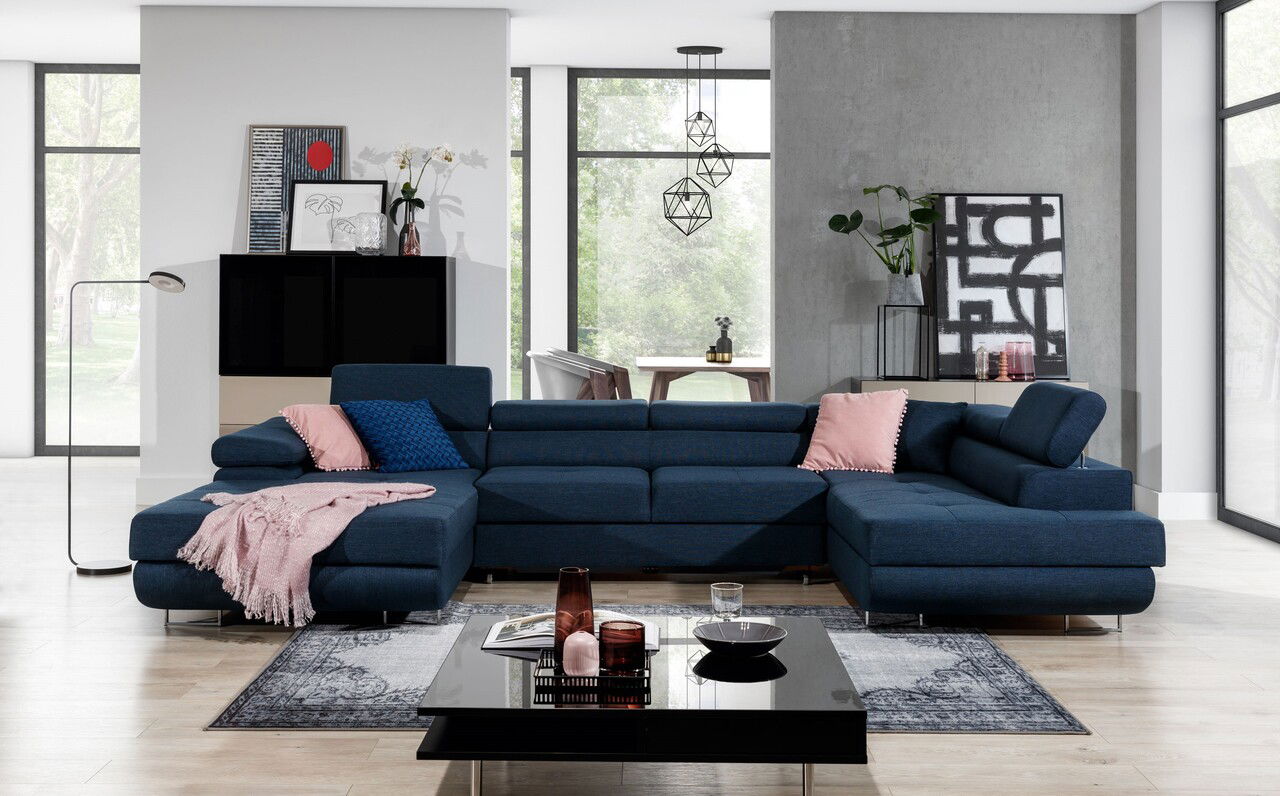 Coltar extensibil dreapta 6 locuri ELTAP, Rod-65, Rodrigo, 345x202x90 cm, lemn/poliester, albastru inchis