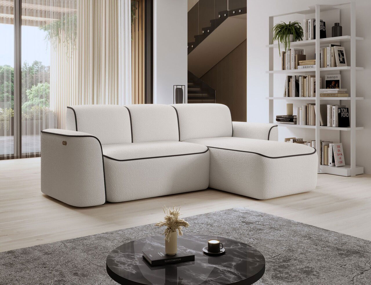 Coltar dreapta 4 locuri ELTAP, Ume, 287x190x88 cm, lemn/poliester, alb/maro inchis