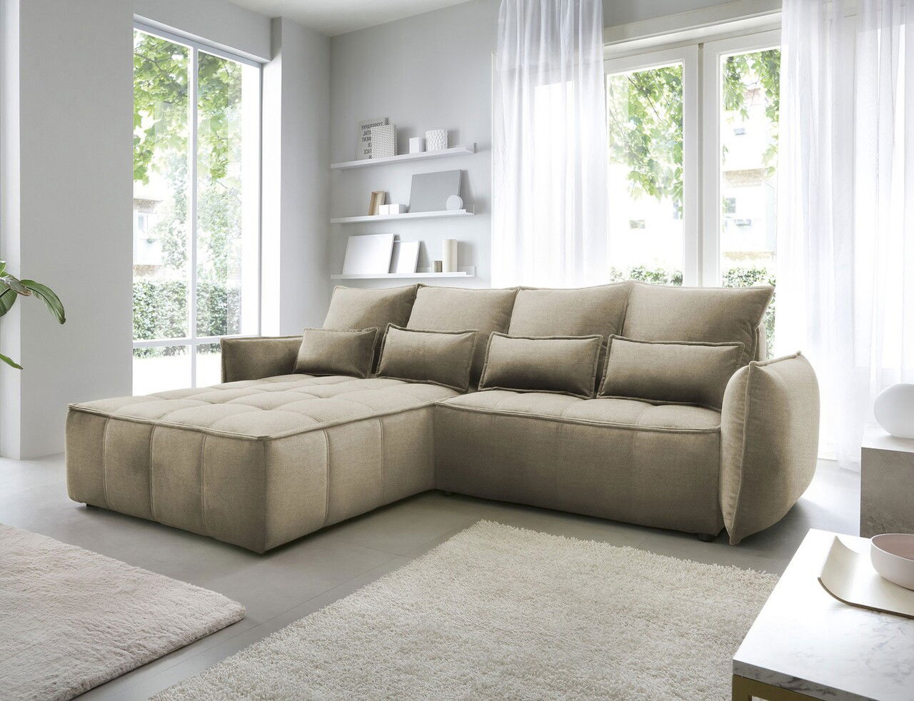 Coltar extensibil stanga 4 locuri ELTAP, LT-20NU, Campo, 265x196x88 cm, lemn/poliester, maro deschis