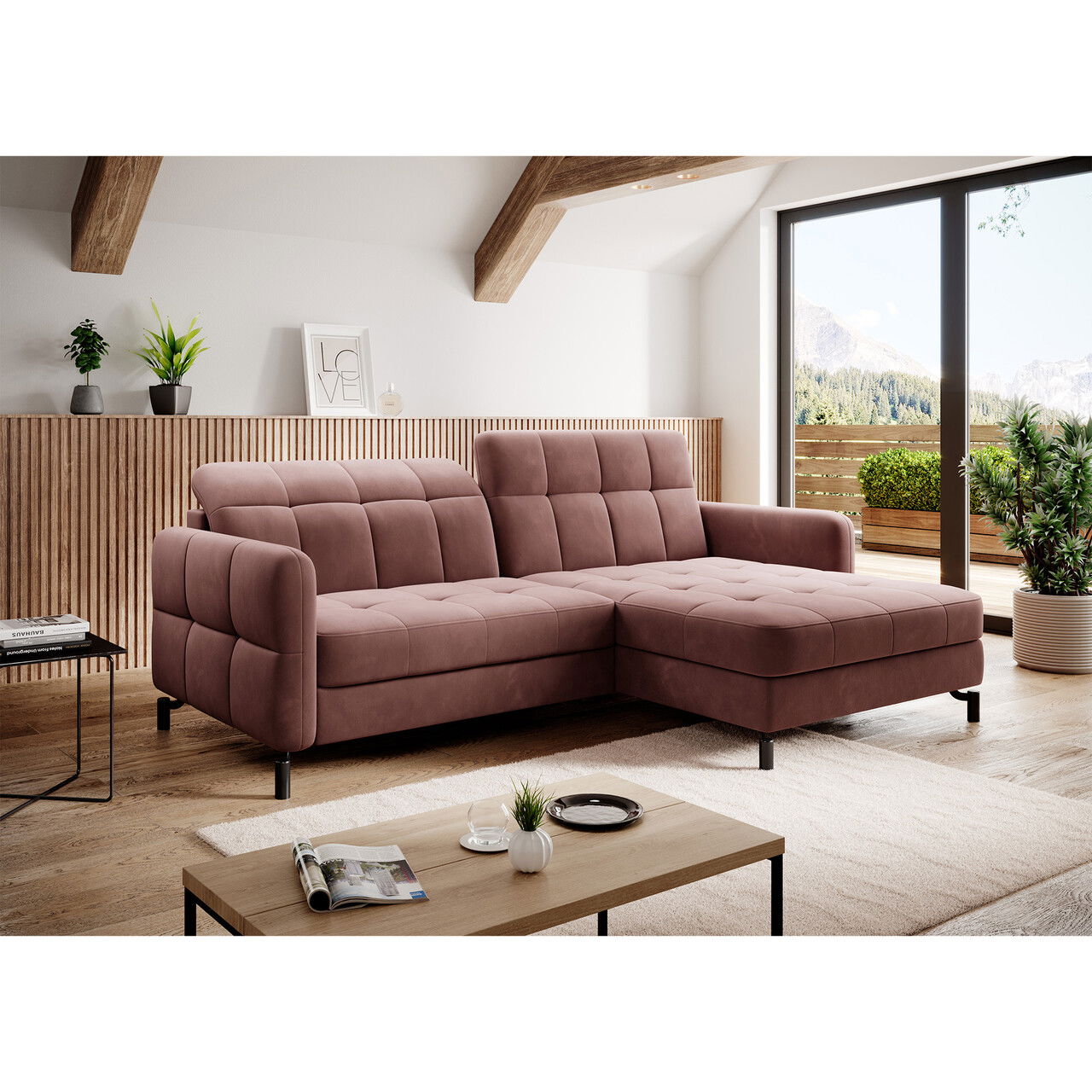 Coltar extensibil dreapta 3 locuri ELTAP, Lore-87, Lorelle, 225x160x105 cm, lemn/poliester, roz