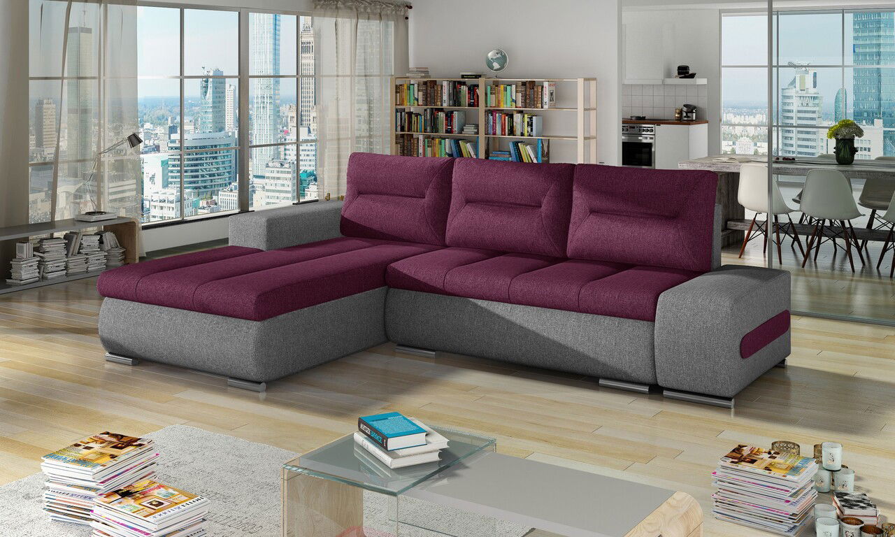 Coltar extensibil stanga 4 locuri ELTAP, Ov06, Ottavio, 275x180x85 cm, lemn/poliester, violet inchis/gri