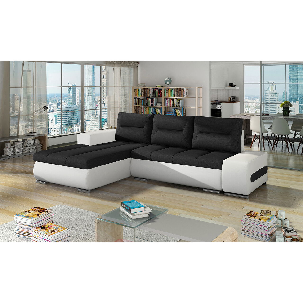 Coltar extensibil stanga 4 locuri ELTAP, Ov07, Ottavio, 275x180x85 cm, lemn/poliester, negru/alb