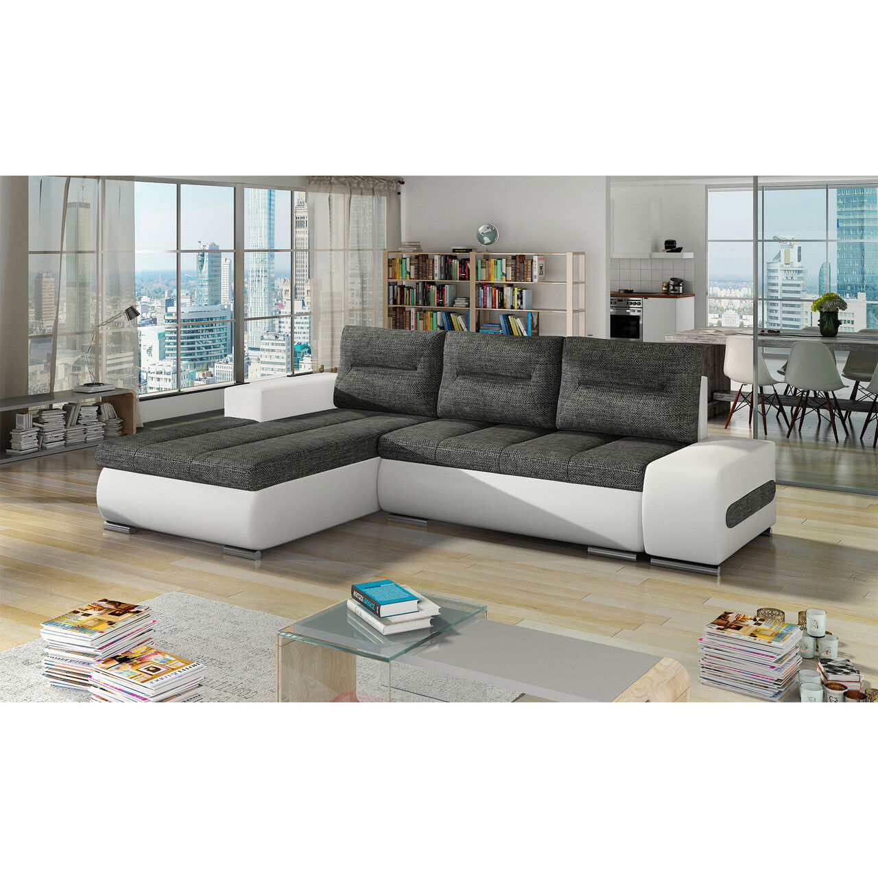 Coltar extensibil stanga 4 locuri ELTAP, Ov08, Ottavio, 275x180x85 cm, lemn/poliester, gri/alb