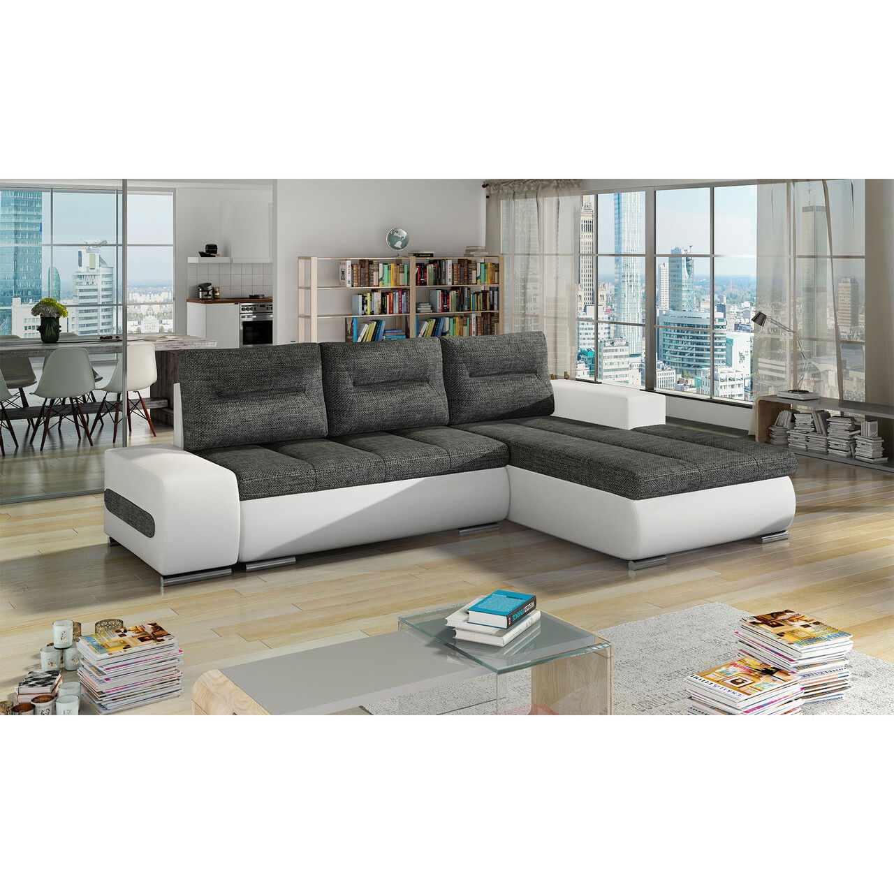 Coltar extensibil dreapta 4 locuri ELTAP, Ov20, Ottavio, 275x180x85 cm, lemn/poliester, gri/alb