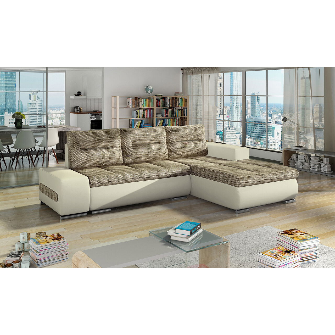 Coltar extensibil dreapta 4 locuri ELTAP, Ov21, Ottavio, 275x180x85 cm, lemn/poliester, bej/bej deschis
