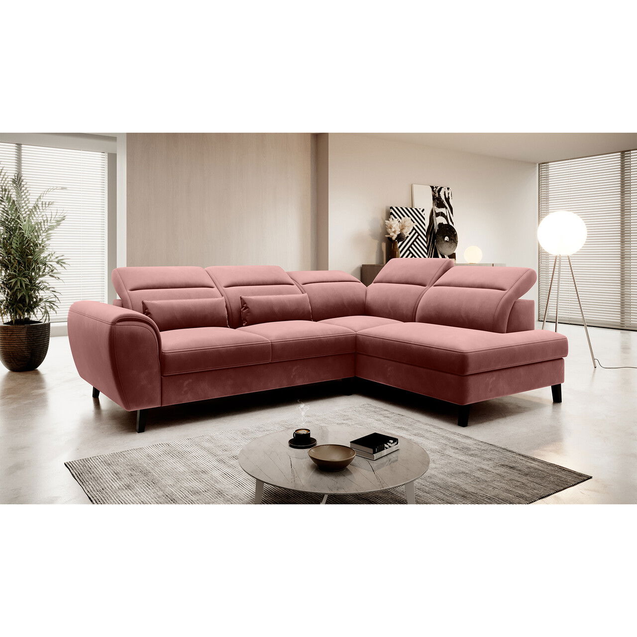 Coltar extensibil dreapta 4 locuri ELTAP, RT-24LU, Noble, 255x201x100 cm, lemn/poliester, roz inchis