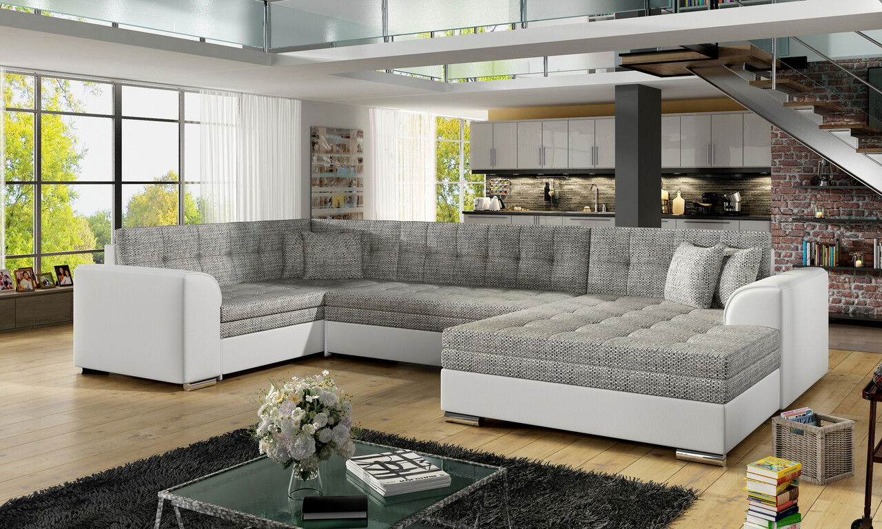 Coltar extensibil dreapta 5 locuri ELTAP, Damario, 338x189x78 cm, lemn/poliester, gri/alb