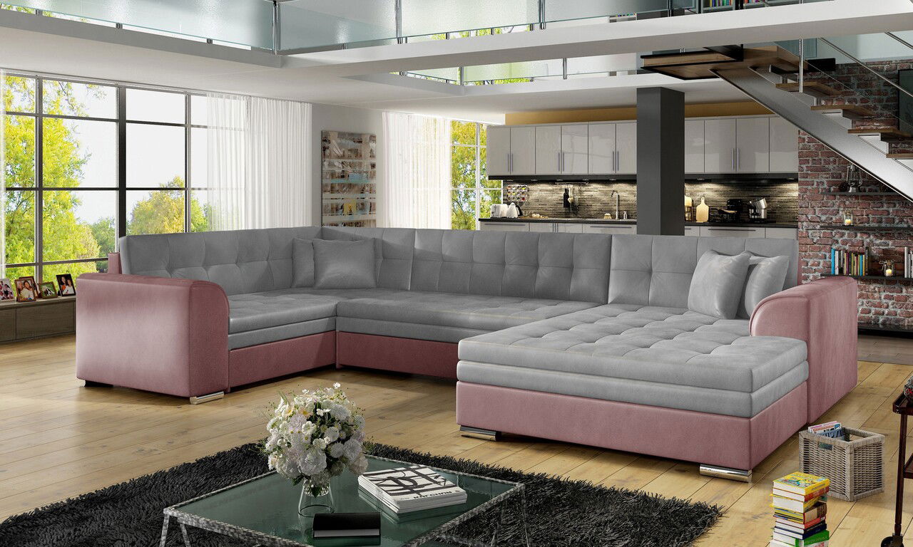 Coltar extensibil dreapta 5 locuri ELTAP, Damario, 338x189x78 cm, lemn/poliester, gri/roz
