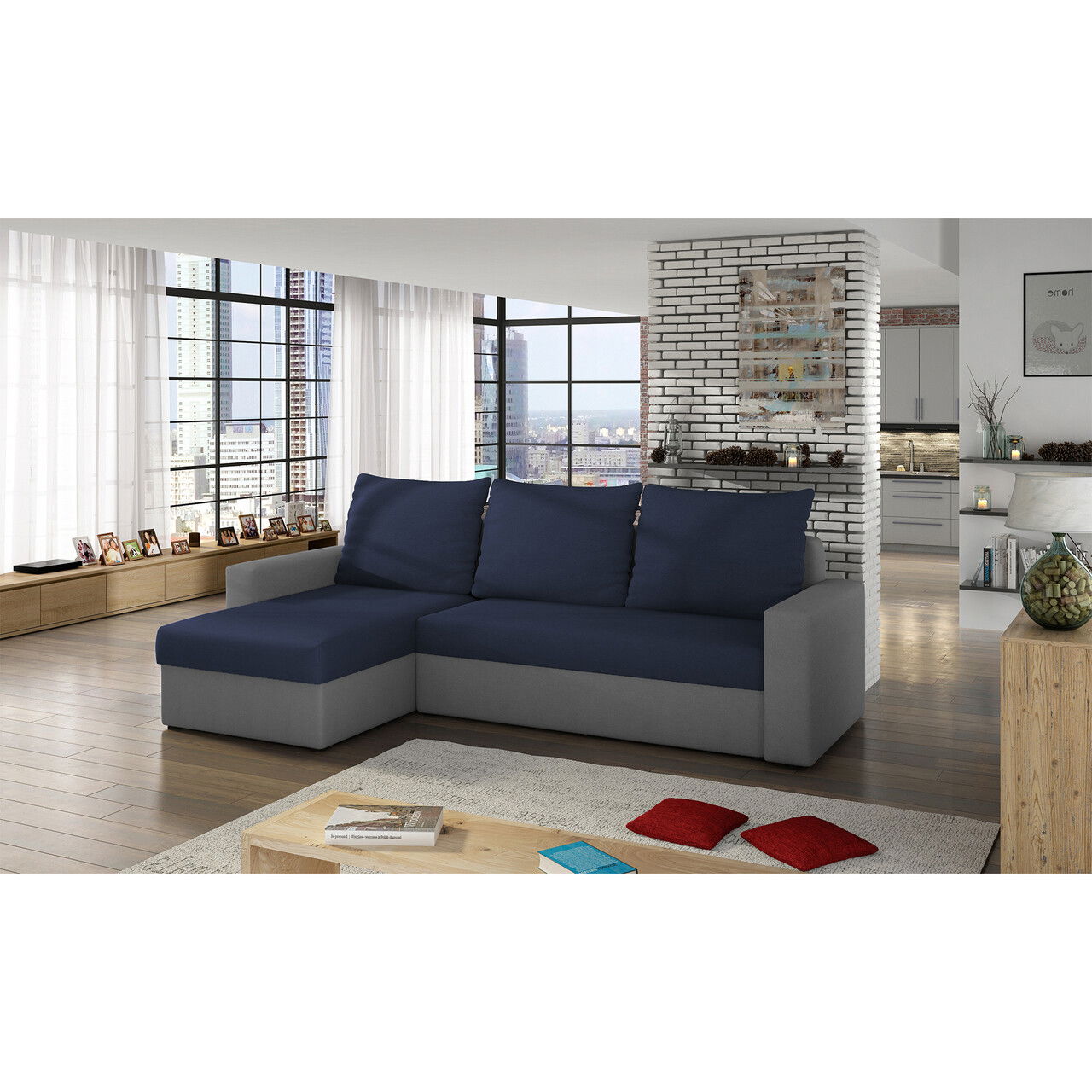 Coltar extensibil reversibil 3 locuri ELTAP, Livio, 237x150x72 cm, lemn/poliester, albastru inchis/gri inchis