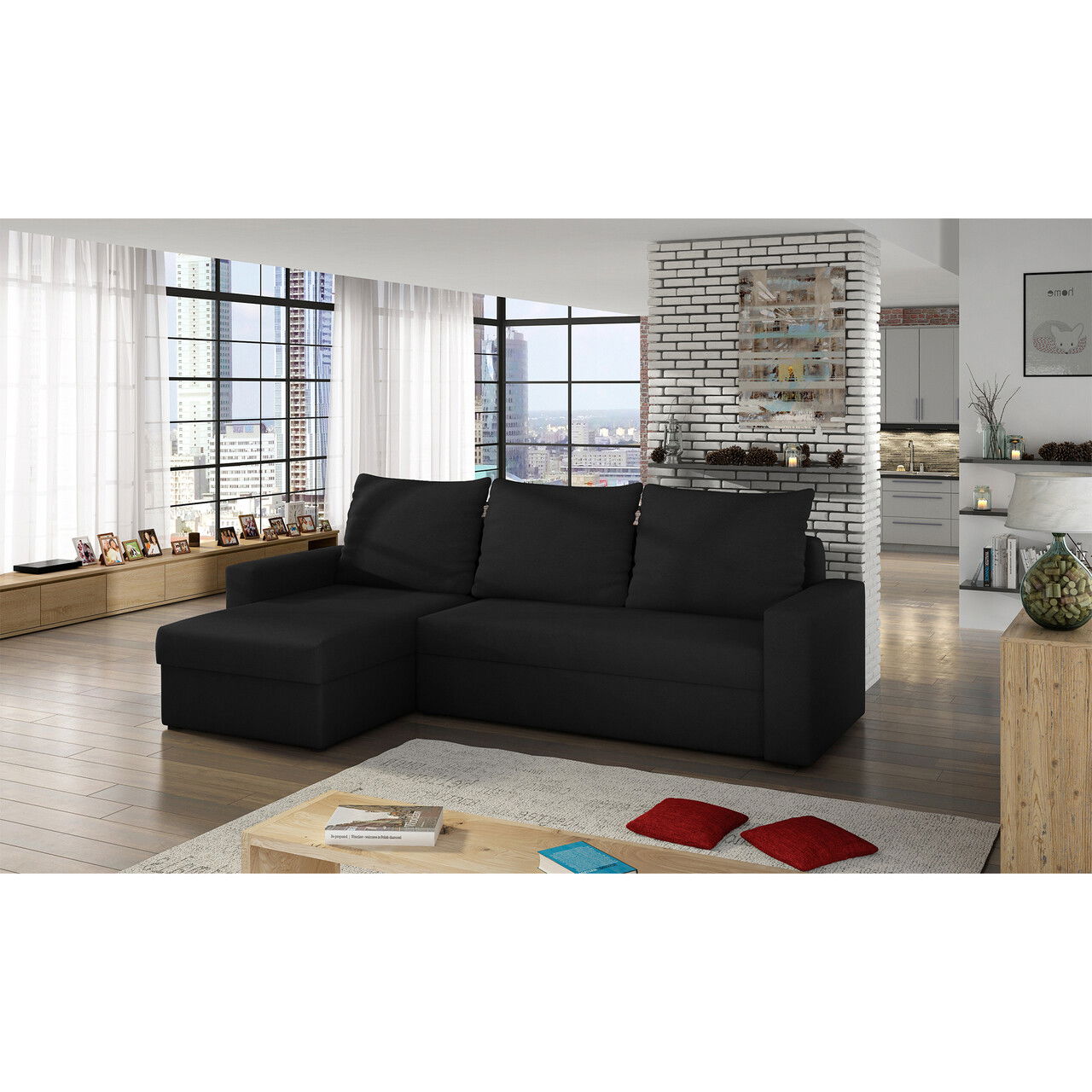 Coltar extensibil reversibil 3 locuri ELTAP, Livio, 237x150x72 cm, lemn/poliester, negru