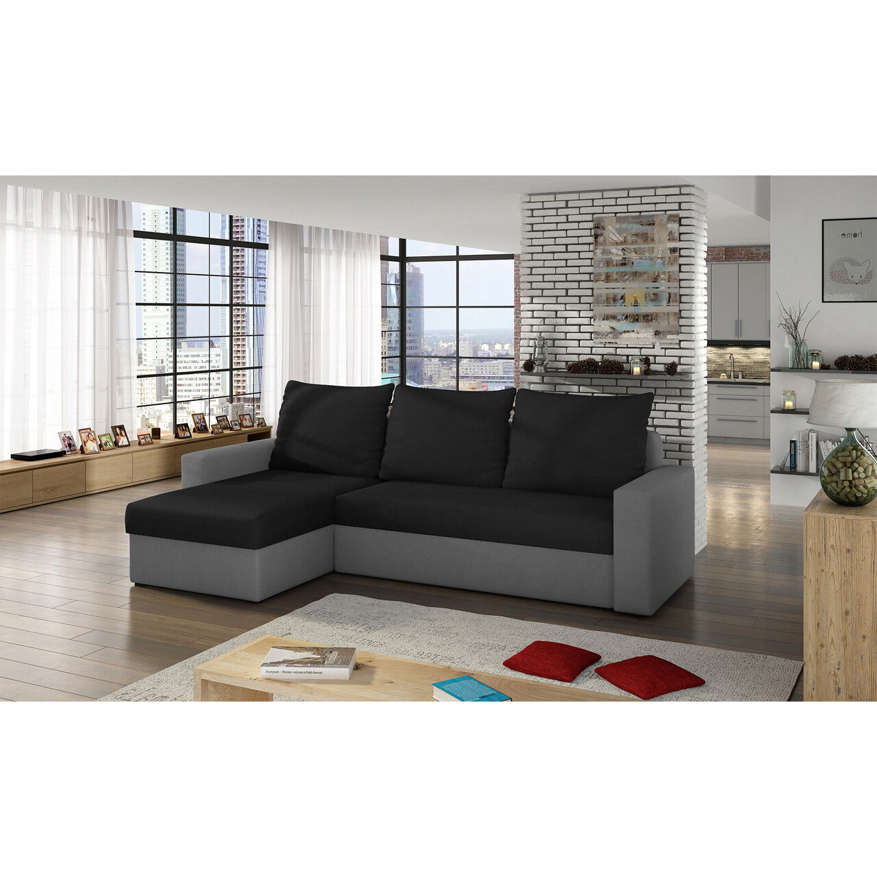 Coltar extensibil reversibil 3 locuri ELTAP, Livio, 237x150x72 cm, lemn/poliester, negru/gri inchis
