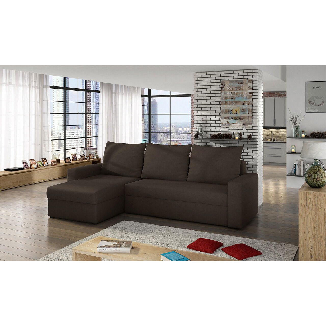 Coltar extensibil reversibil 3 locuri ELTAP, Livio, 237x150x72 cm, lemn/poliester, maro inchis