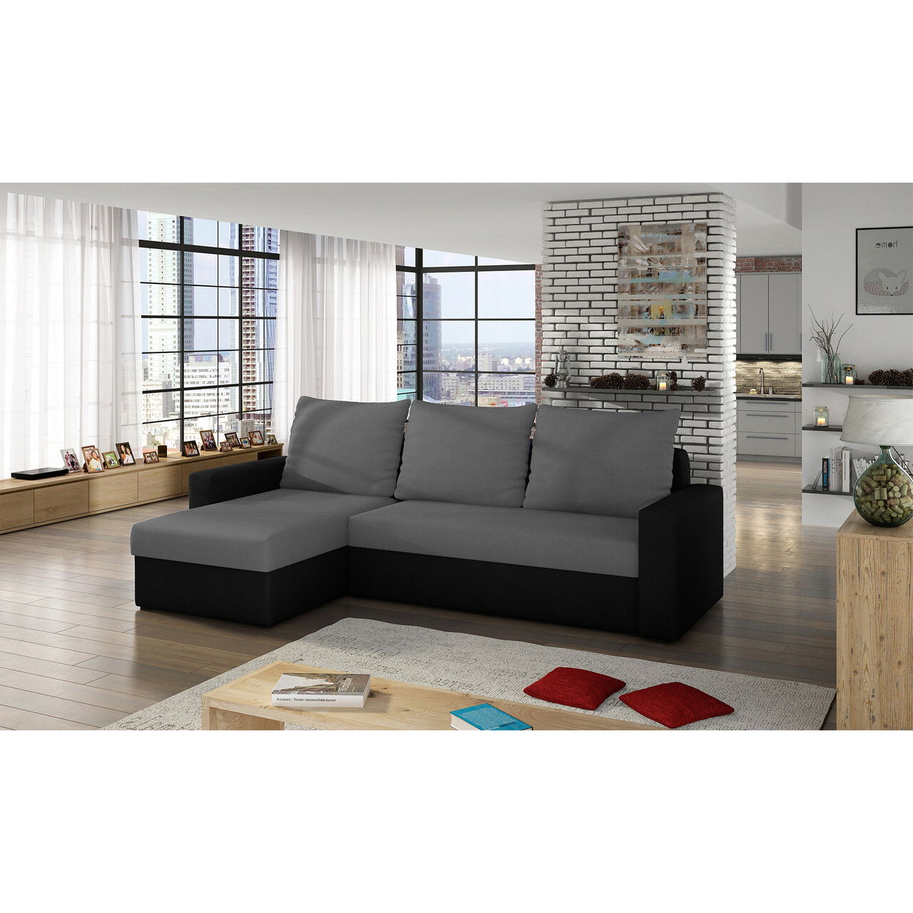 Coltar extensibil reversibil 3 locuri ELTAP, Livio, 237x150x72 cm, lemn/poliester, gri/negru
