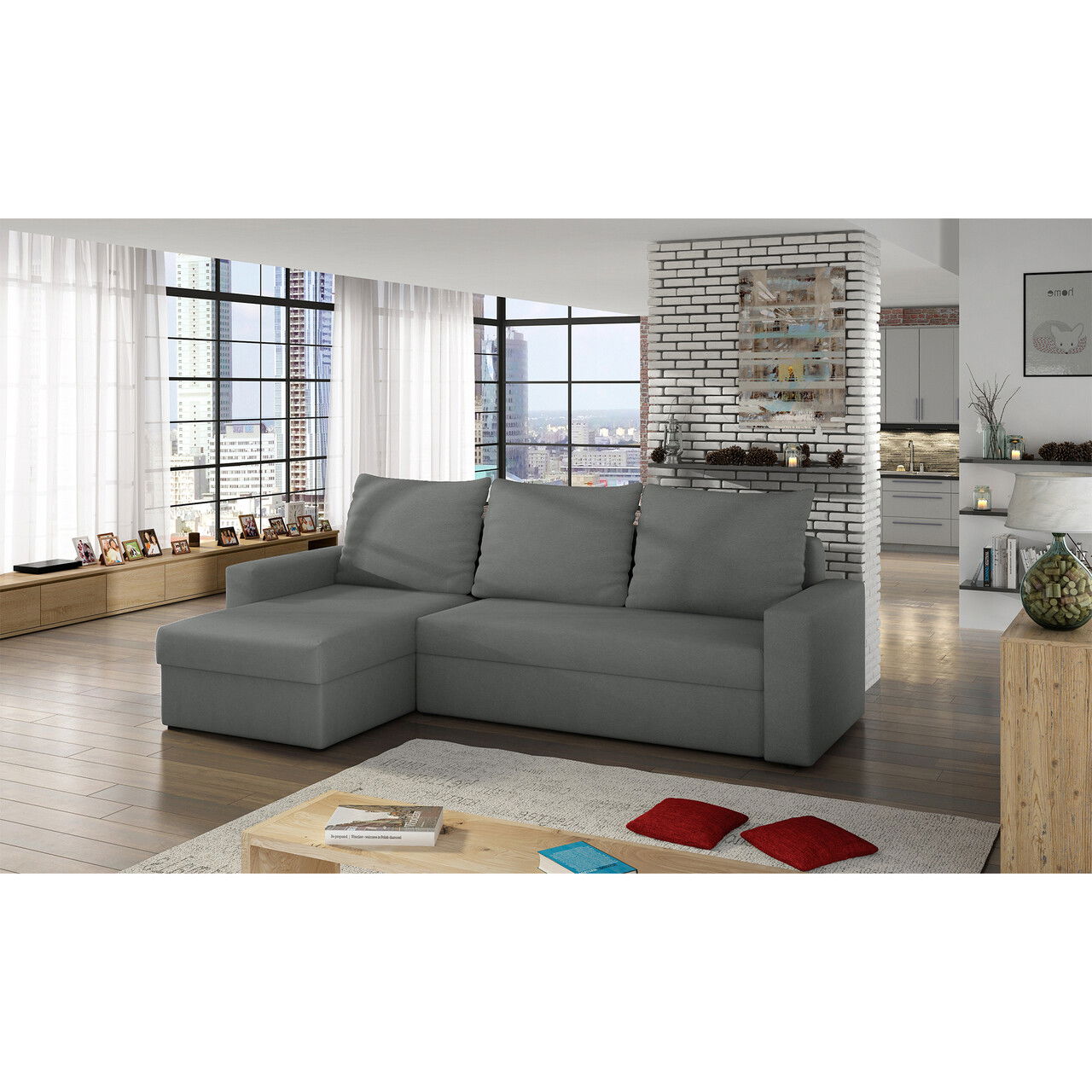 Coltar extensibil reversibil 3 locuri ELTAP, Livio, 237x150x72 cm, lemn/poliester, gri inchis