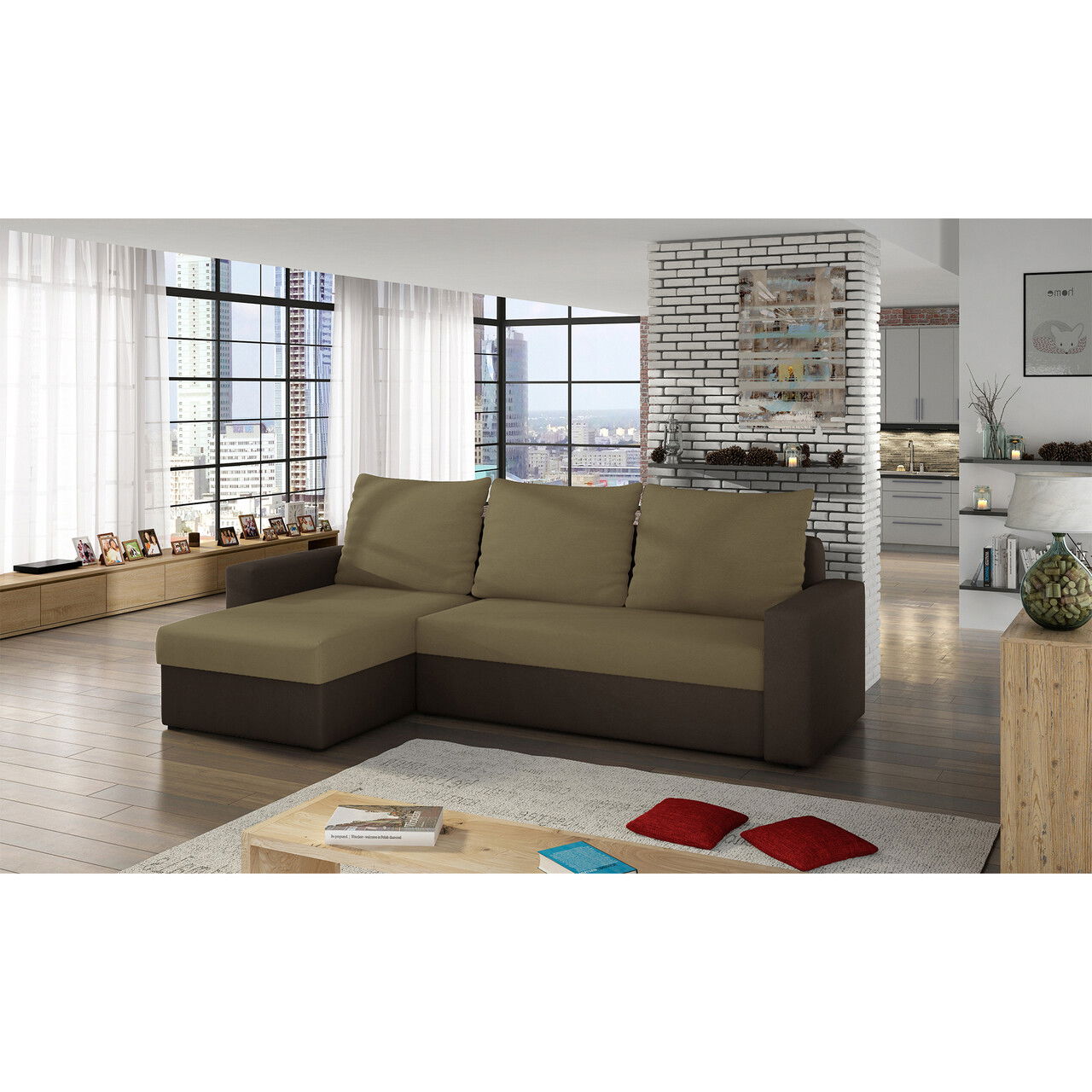 Coltar extensibil reversibil 3 locuri ELTAP, Livio, 237x150x72 cm, lemn/poliester, bej/maro inchis