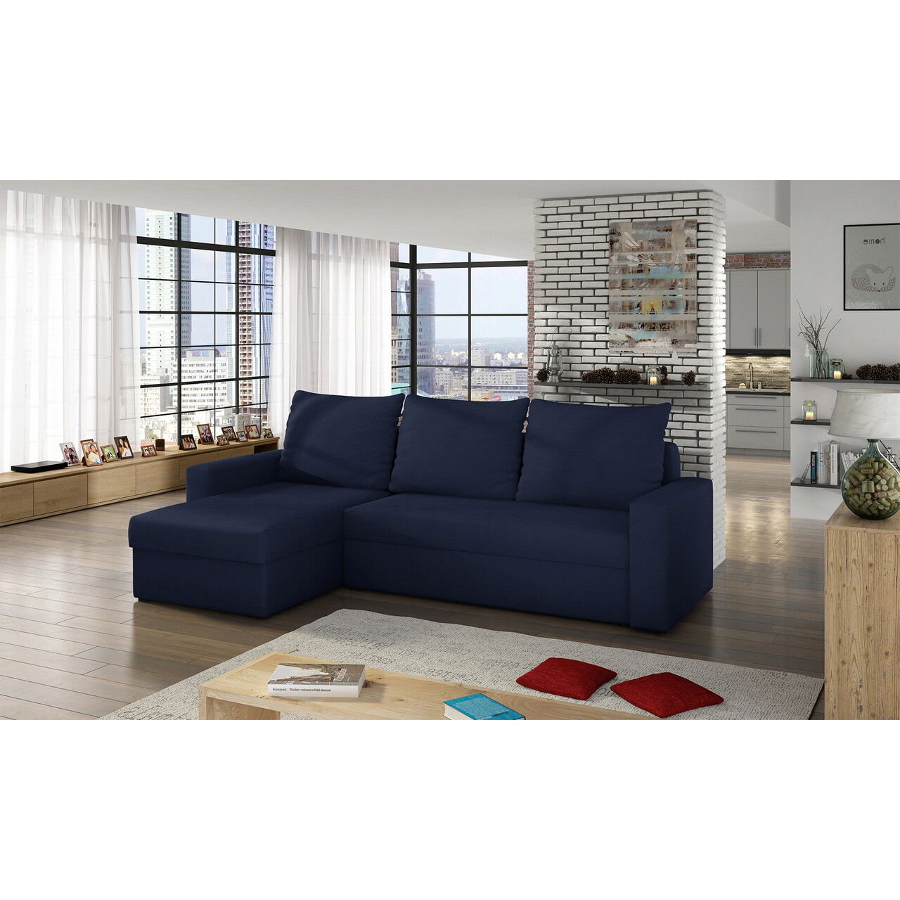 Coltar extensibil reversibil 3 locuri ELTAP, Livio, 237x150x72 cm, lemn/poliester, albastru inchis