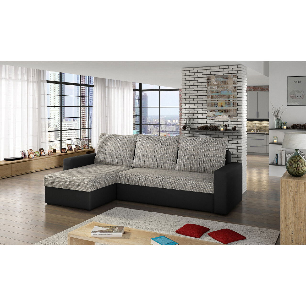 Coltar extensibil reversibil 3 locuri ELTAP, Livio, 237x150x72 cm, lemn/poliester, gri deschis/negru