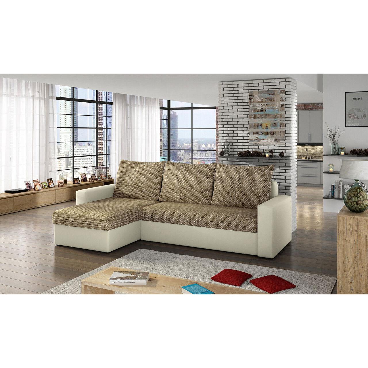Coltar extensibil reversibil 3 locuri ELTAP, Livio, 237x150x72 cm, lemn/poliester, bej inchis/bej deschis