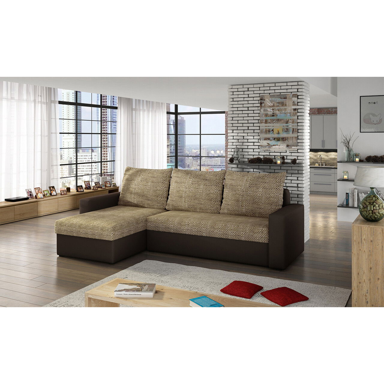 Coltar extensibil reversibil 3 locuri ELTAP, Livio, 237x150x72 cm, lemn/poliester, bej inchis/maro inchis