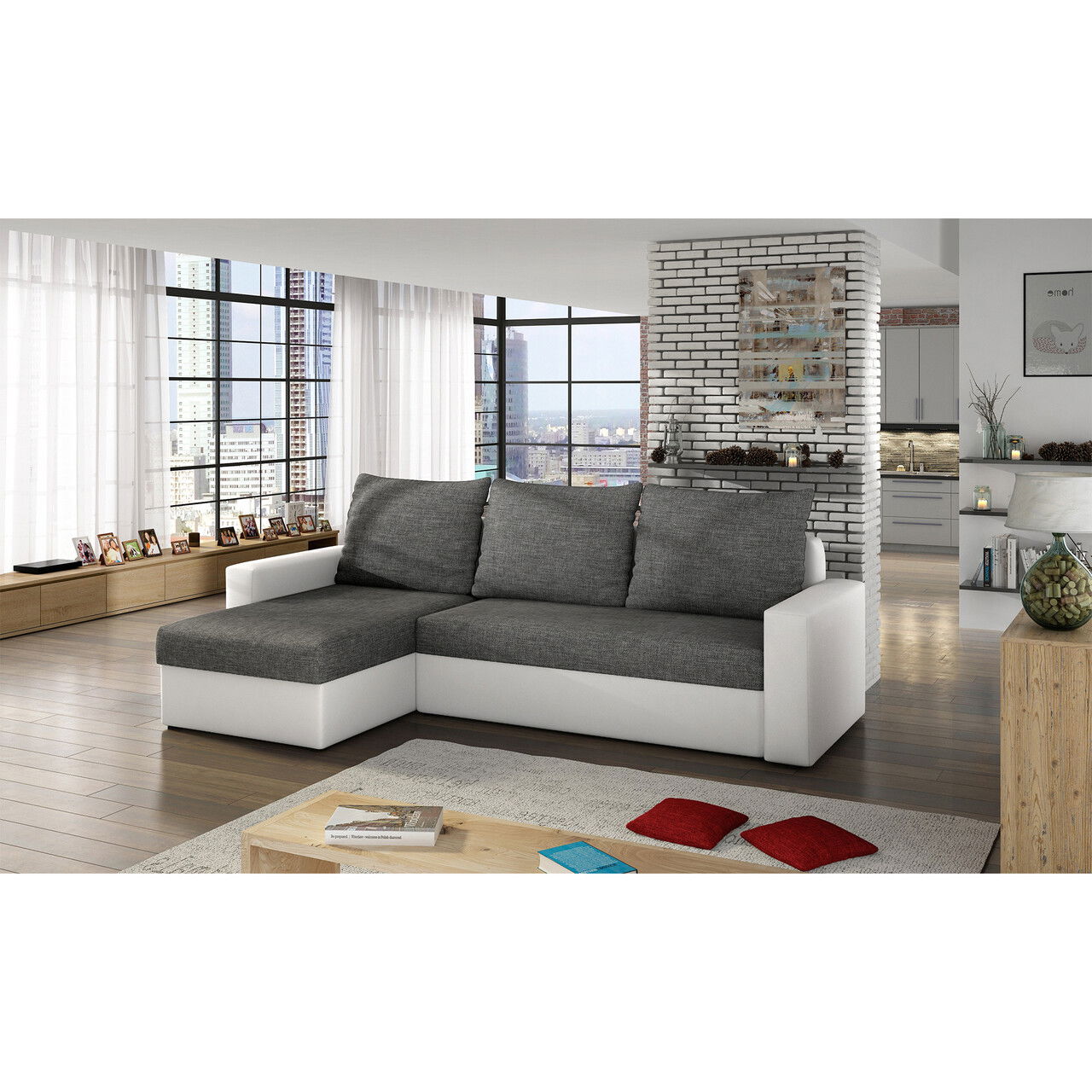 Coltar extensibil reversibil 3 locuri ELTAP, Livio, 237x150x72 cm, lemn/poliester, gri inchis/alb