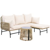 Set de mobilier de grădină cu cadru din fier, acoperit cu frânghie împletită manual și design în formă de L, Bej