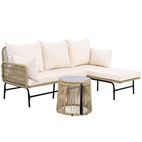 Set de mobilier de grădină cu cadru din fier, acoperit cu frânghie împletită manual și design în formă de L, Bej