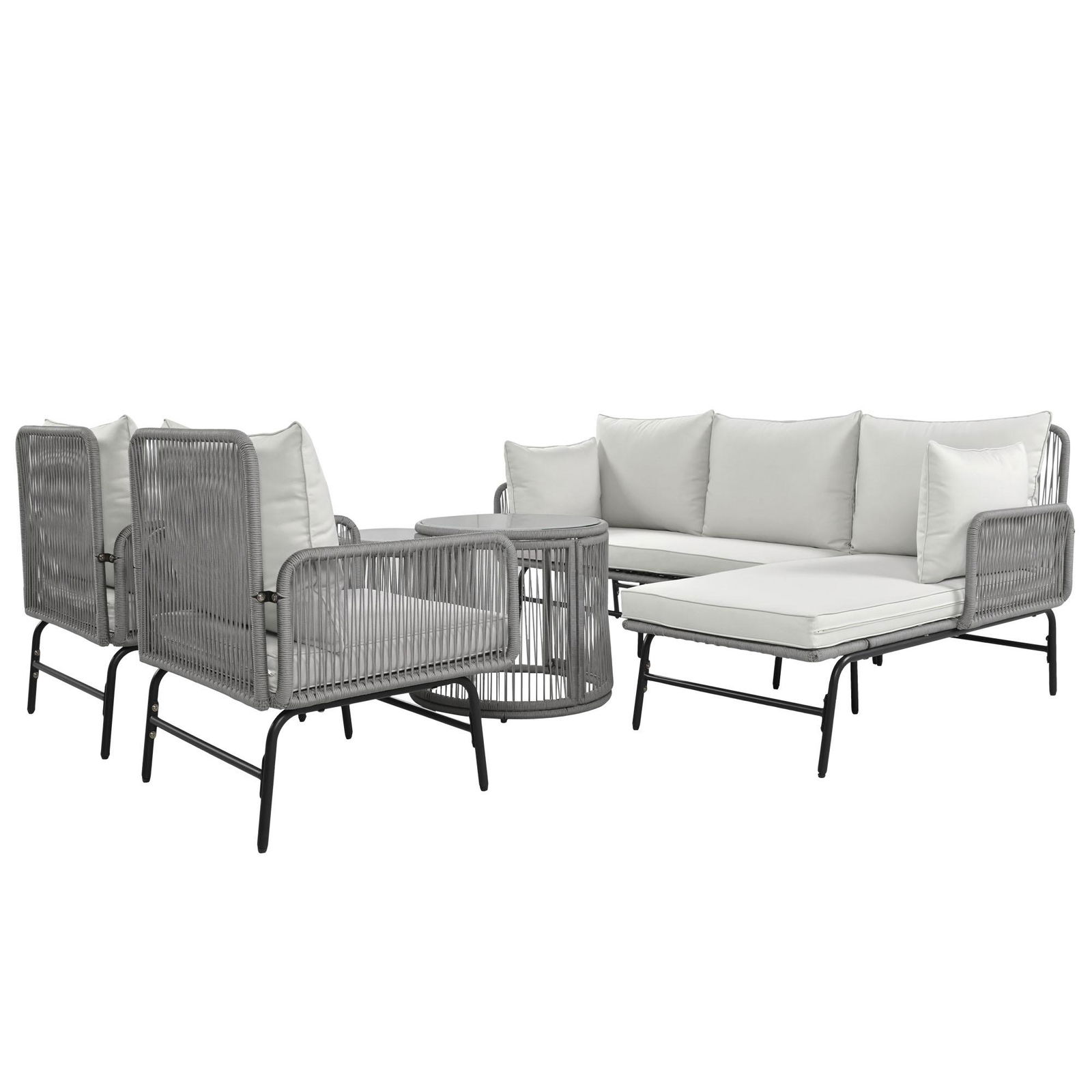 Set de lounge de grădină din 6 piese, frânghie împletită manual cu cadru din fier, 2x fotolii, 2x canapele cu 2 locuri și 2x mese, Gri
