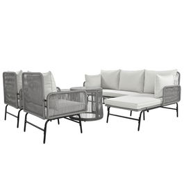 Set de lounge de grădină din 6 piese, frânghie împletită manual cu cadru din fier, 2x fotolii, 2x canapele cu 2 locuri și 2x mese, Gri