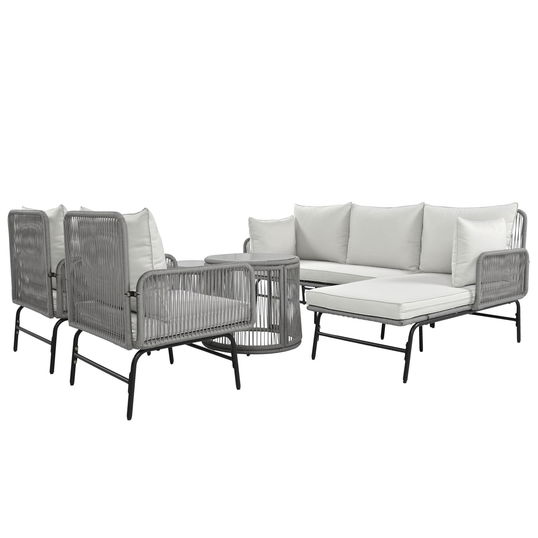 Set de lounge de grădină din 6 piese, frânghie împletită manual cu cadru din fier, 2x fotolii, 2x canapele cu 2 locuri și 2x mese, Gri