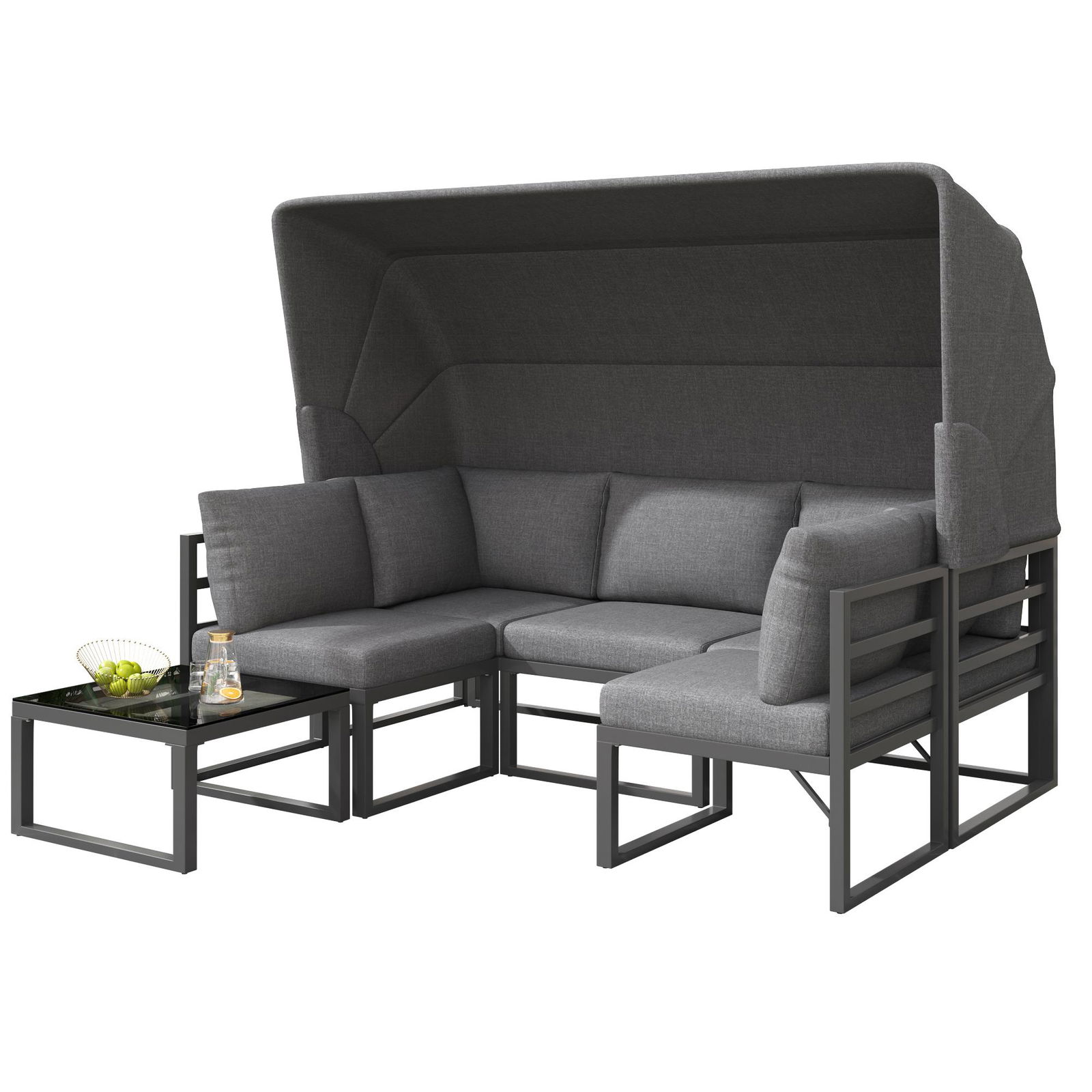 Set de mobilier de grădină din 4 piese, canapea cu trei locuri cu marchiză, 2 fotolii individuale și măsuță de cafea, Gri