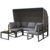 Set de mobilier de grădină din 4 piese, canapea cu trei locuri cu marchiză, 2 fotolii individuale și măsuță de cafea, Gri