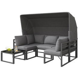 Set de mobilier de grădină din 4 piese, canapea cu trei locuri cu marchiză, 2 fotolii individuale și măsuță de cafea, Gri