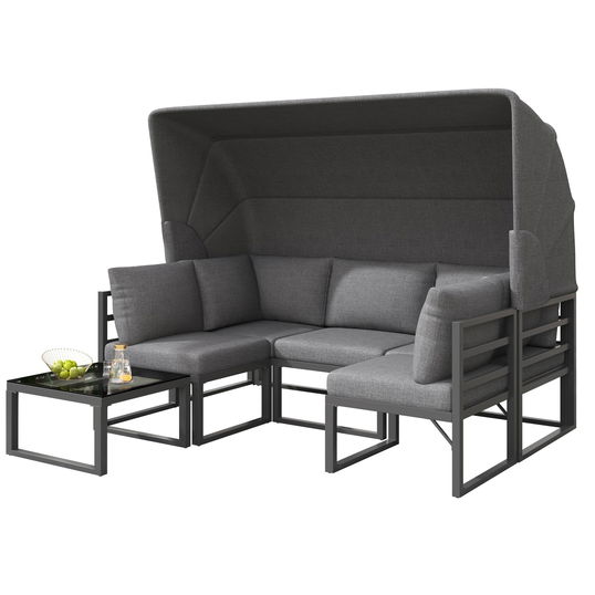 Set de mobilier de grădină din 4 piese, canapea cu trei locuri cu marchiză, 2 fotolii individuale și măsuță de cafea, Gri