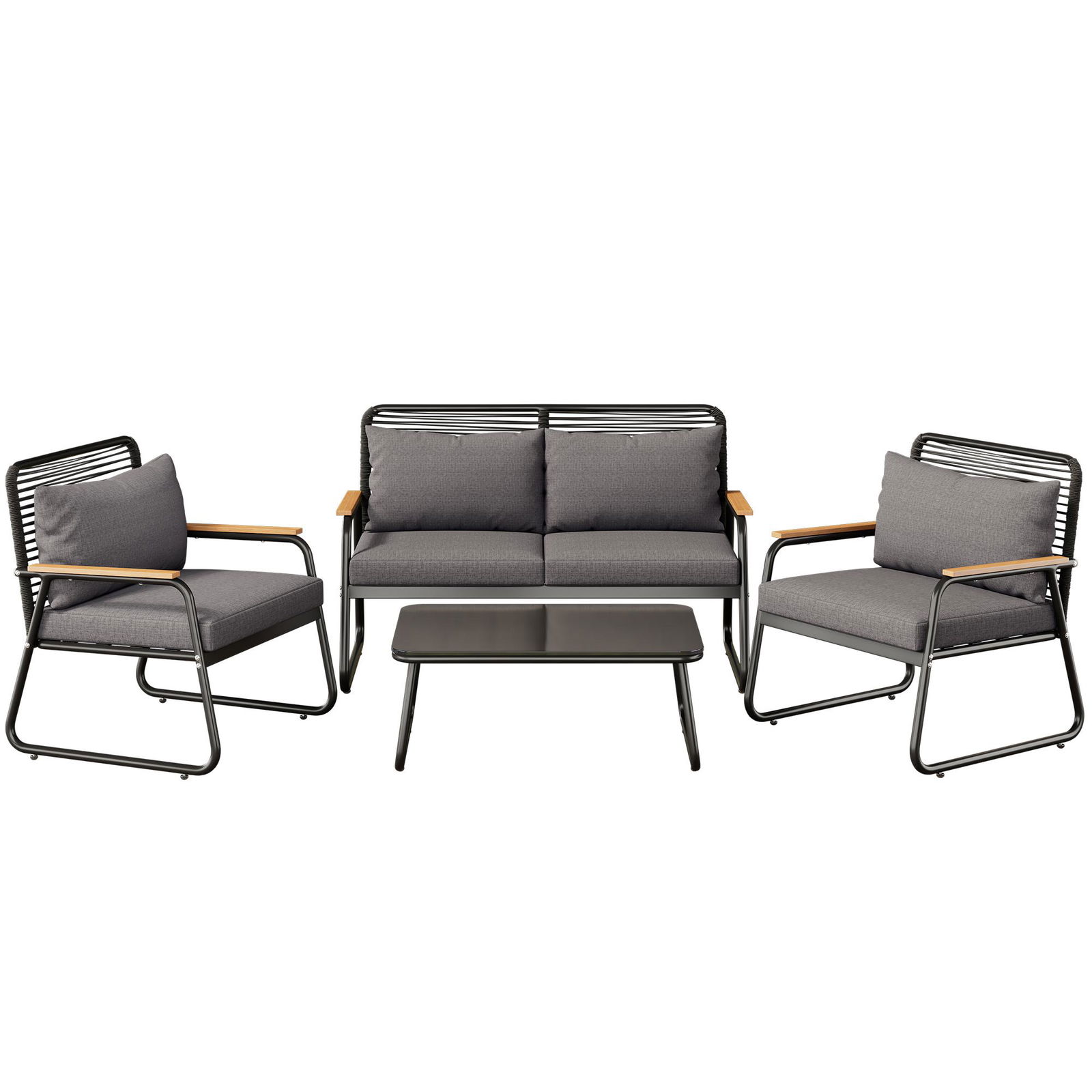 Set de lounge pentru grădină pentru 4 persoane, cu canapea dublă, 2 canapele individuale și 1 măsuță de cafea, Negru