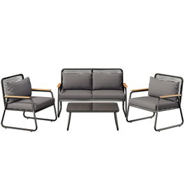 Set de lounge pentru grădină pentru 4 persoane, cu canapea dublă, 2 canapele individuale și 1 măsuță de cafea, Negru
