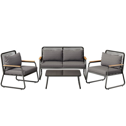 Set de lounge pentru grădină pentru 4 persoane, cu canapea dublă, 2 canapele individuale și 1 măsuță de cafea, Negru