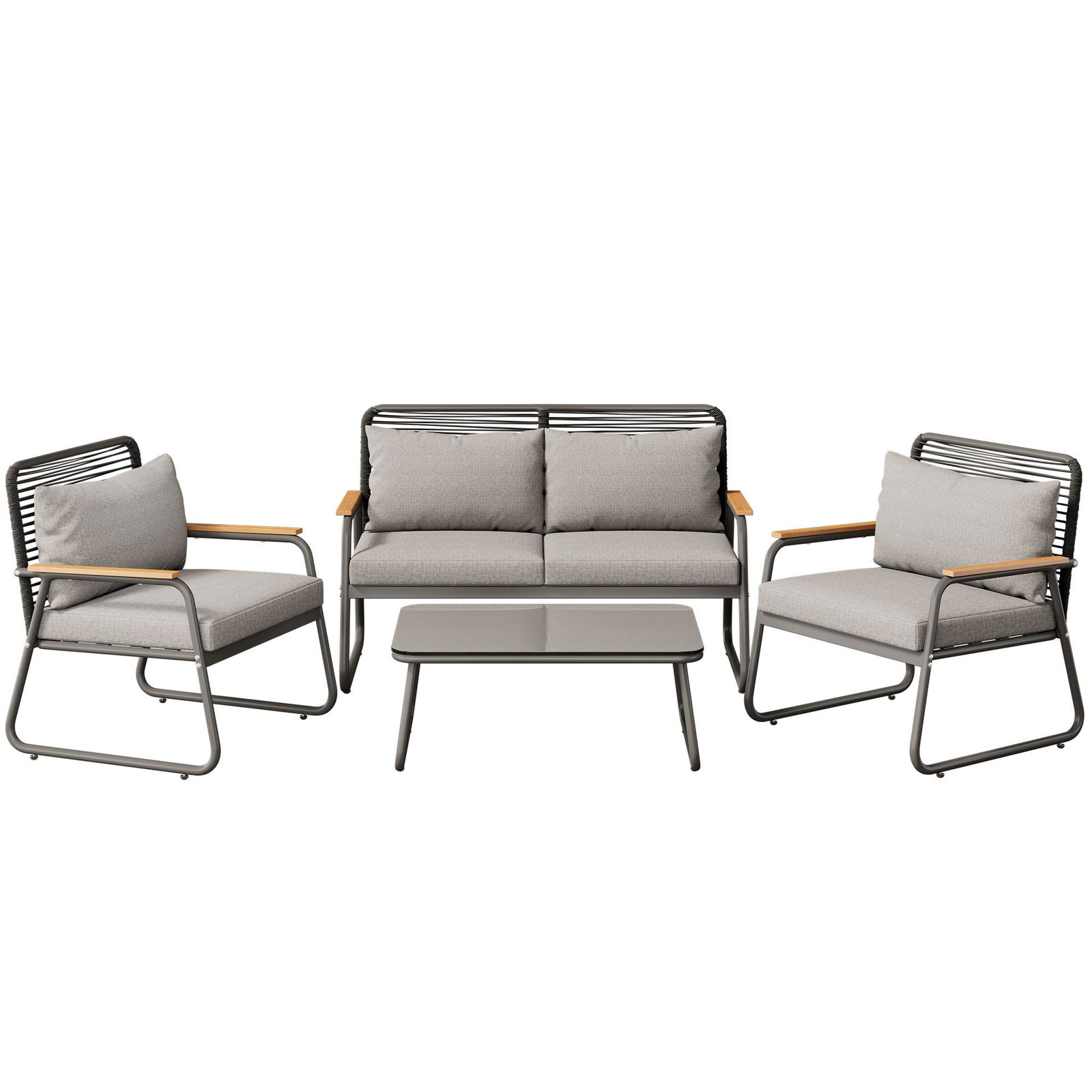 Set de lounge pentru grădină pentru 4 persoane, cu canapea dublă, 2 canapele individuale și 1 măsuță de cafea, Gri