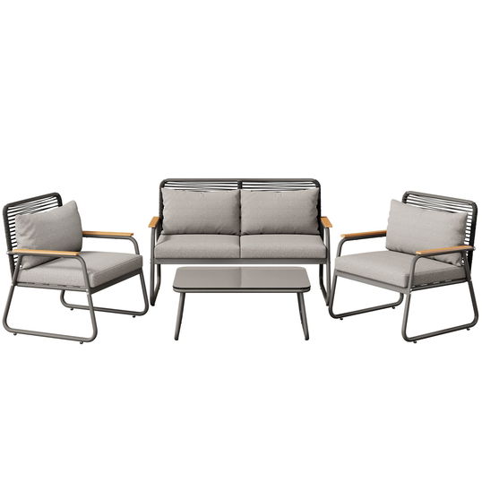 Set de lounge pentru grădină pentru 4 persoane, cu canapea dublă, 2 canapele individuale și 1 măsuță de cafea, Gri