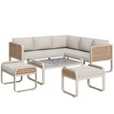 Set de lounge pentru grădină pentru 6-7 persoane, mobilier din ratan cu cadru din fier galvanizat și picioare reglabile, inclusiv perne pentru șezut și spate, Bej