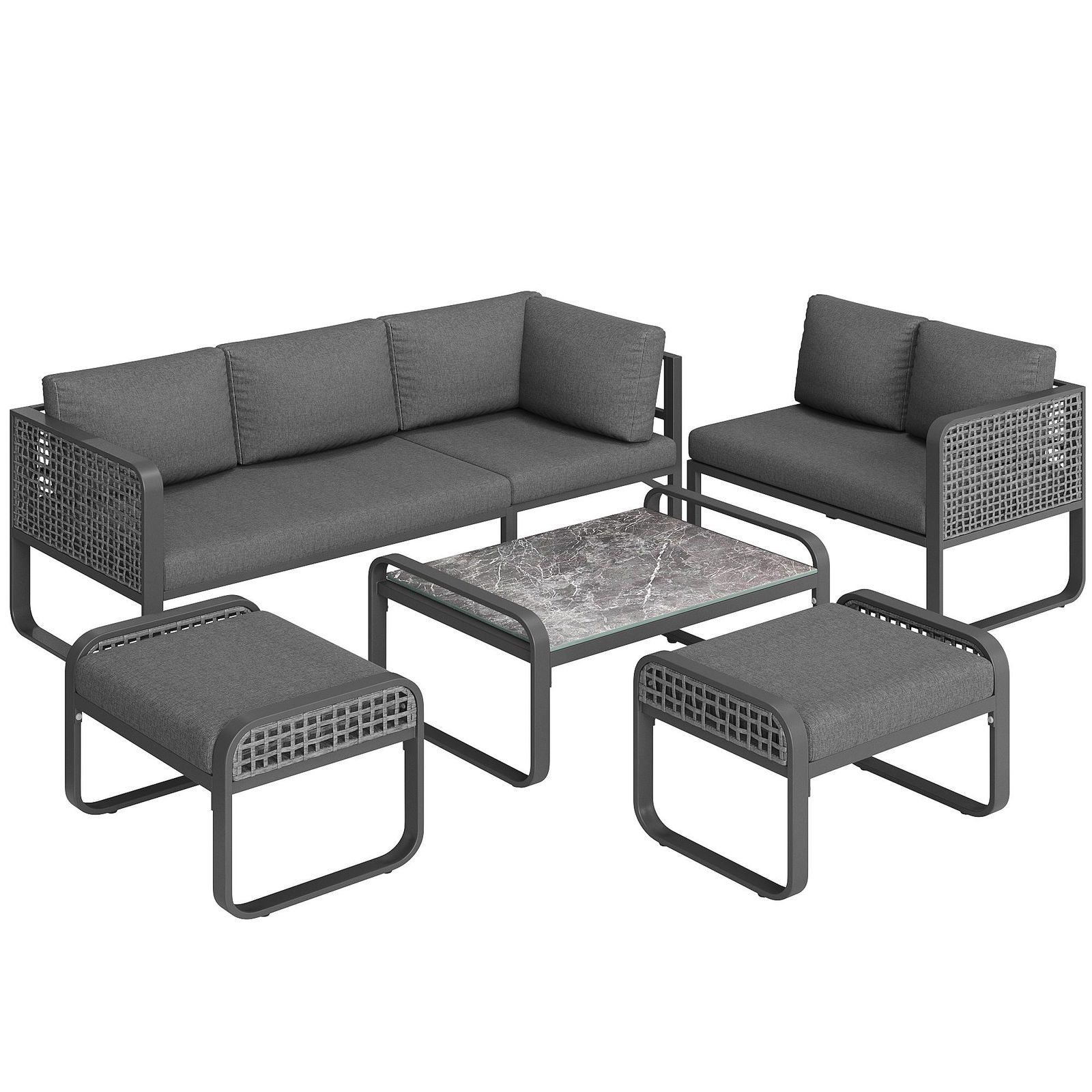 Set de lounge pentru grădină pentru 6-7 persoane, mobilier din ratan cu cadru din fier galvanizat și picioare reglabile, inclusiv perne de șezut și spătar, Gri